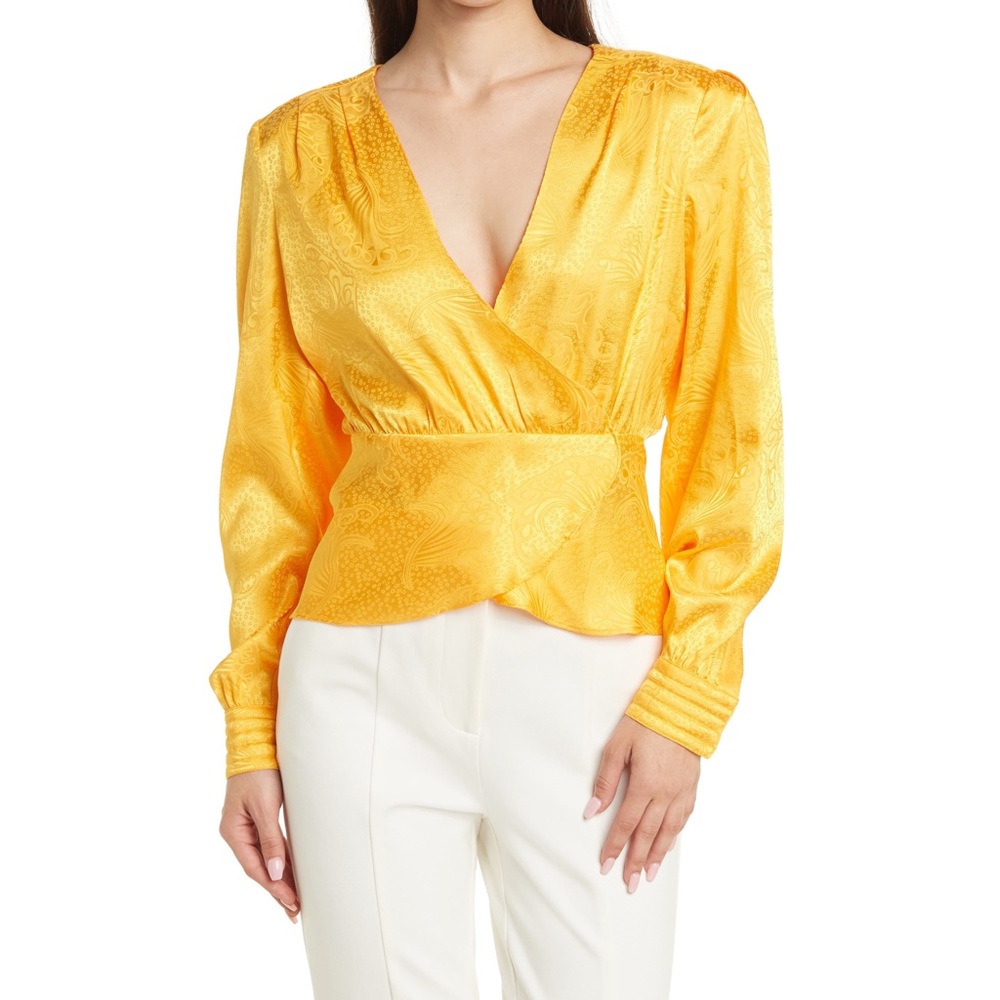 Ronny Kobo NWT Lorrie Satin Long Sleeve Blouse Yellow Size M